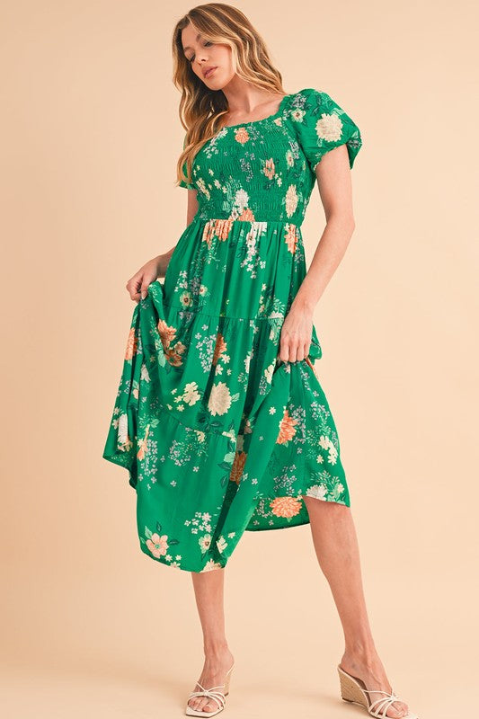 Short Sleeve Green Floral Casual Midi Dress Green / Large Short Sleeve Green Floral Casual Midi Dress Green / Large