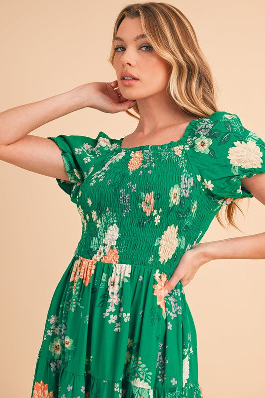 Short Sleeve Green Floral Casual Midi Dress Green / Large