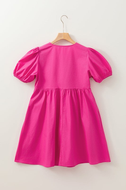 pink mini dress h&m Bright Pink Tie Front Puff Sleeve Mini Dress