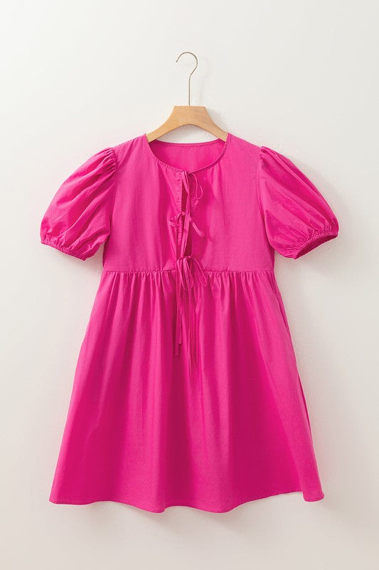 h&m puff sleeve mini dress Bright Pink Tie Front Puff Sleeve Mini Dress