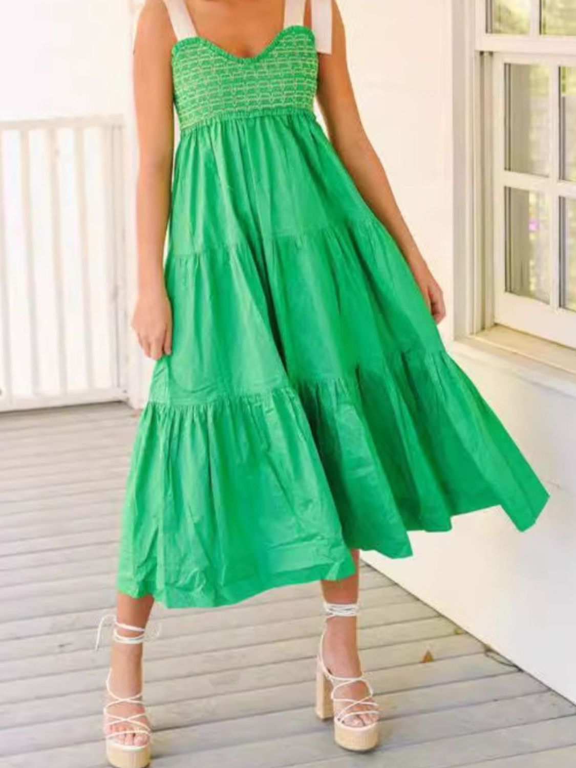 green tie shoulder dress Emerald Green Tie Shoulder Crinkle Maxi Dress