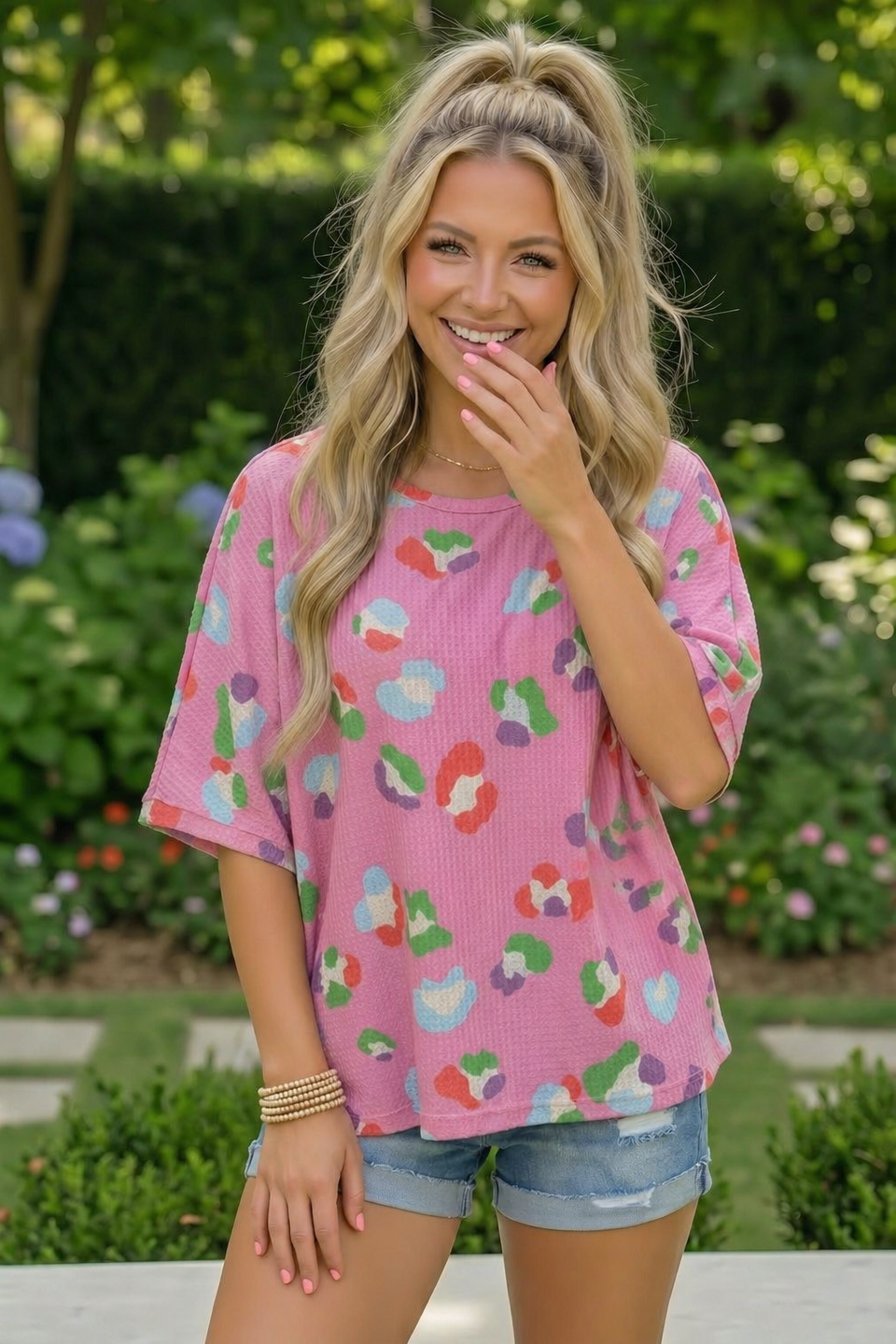 Colorful Leopard Print Waffle Knit Top in Pink - Charming Charlie
