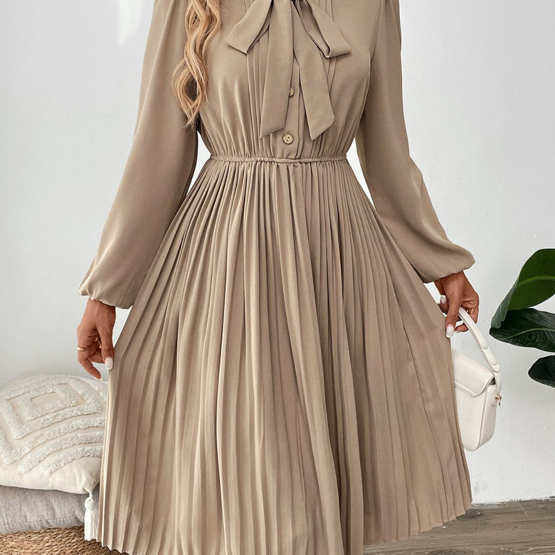 Perfee Pleated Tie Neck Long Sleeve Dress Charming Charlie Perfee Pleated Tie Neck Long Sleeve Dress Charming Charlie