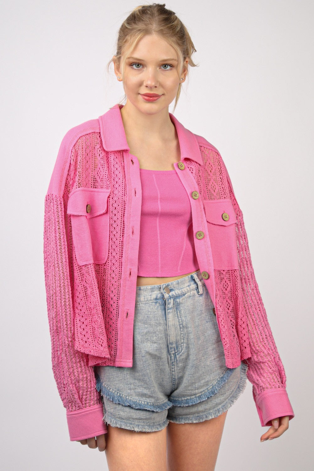 VERY J Button Up Long Sleeve Lace Shirt - Charming Charlie