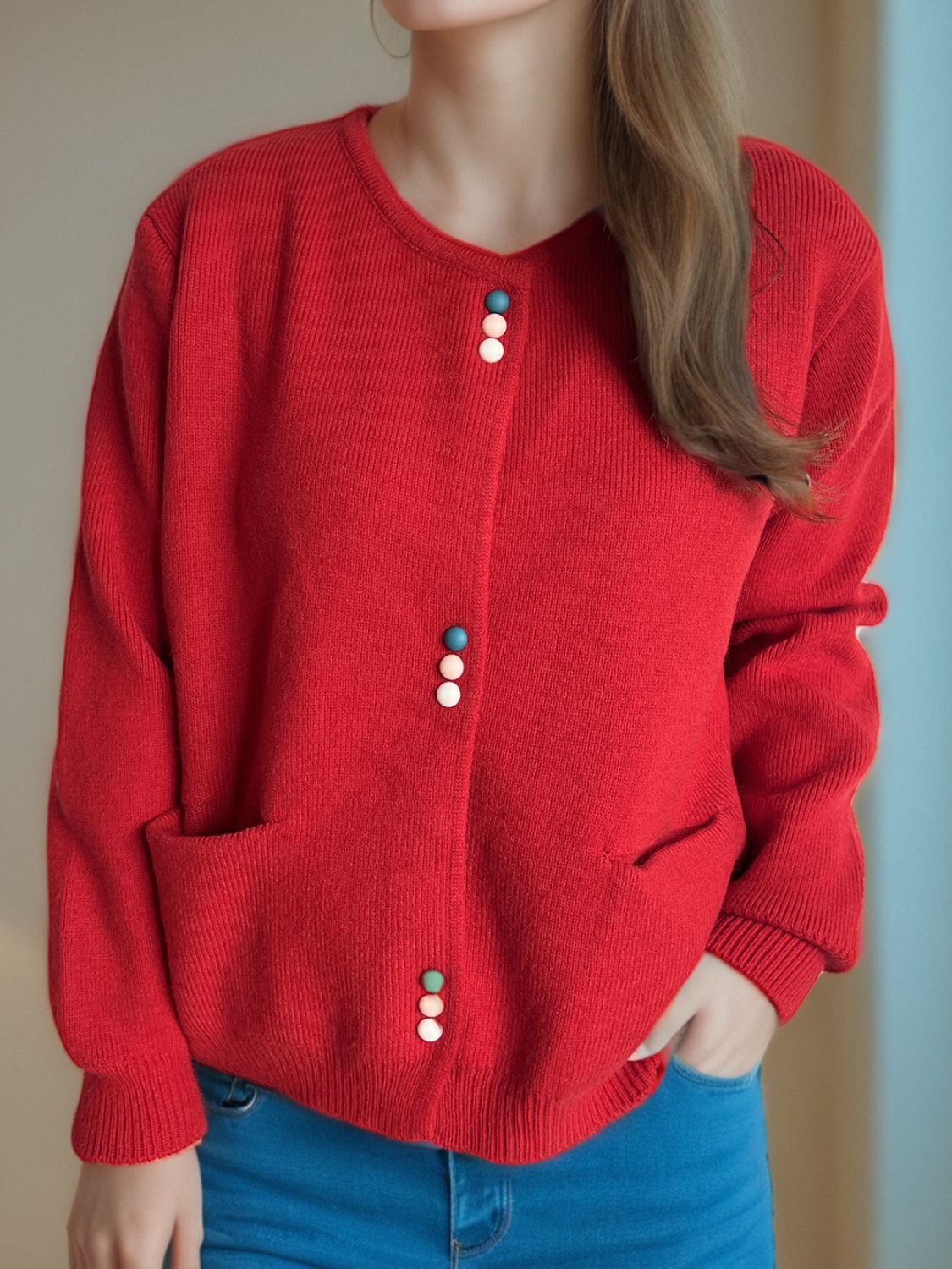 Button Down Long Sleeve Cardigan with Pockets - Charming Charlie
