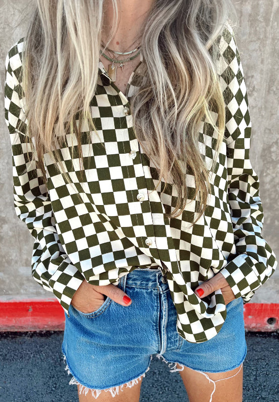 Checkered Collared Neck Long Sleeve Shirt - Charming Charlie