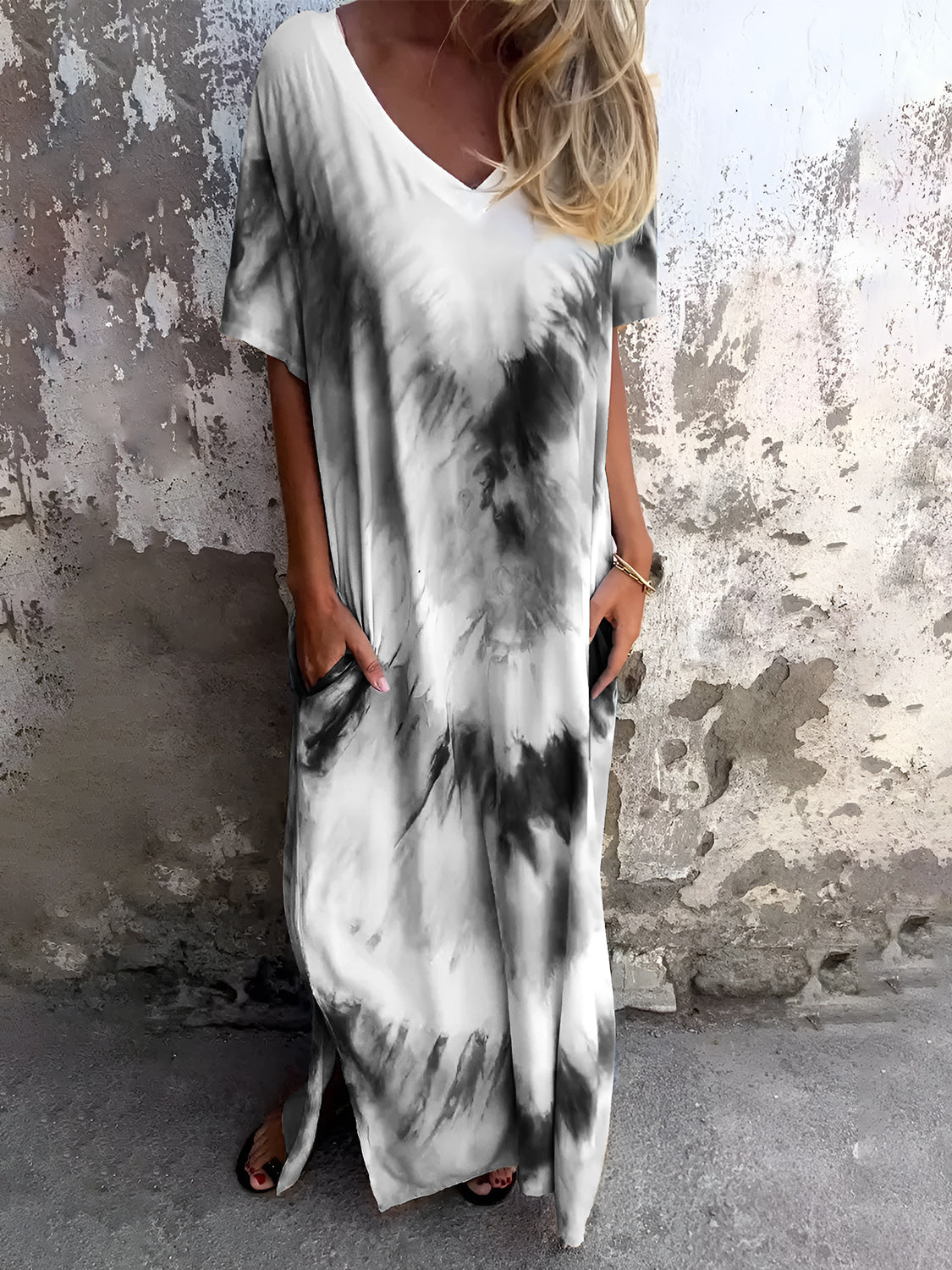 Full Size Pocketed Tie-Dye Short Sleeve Dress - Charming Charlie