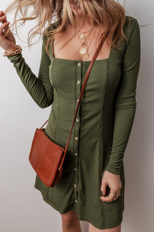 Guacamole Green Rib Knit Square Neck Buttoned Long Sleeve Mini Dress - Sunny Angela Guacamole Green / XL