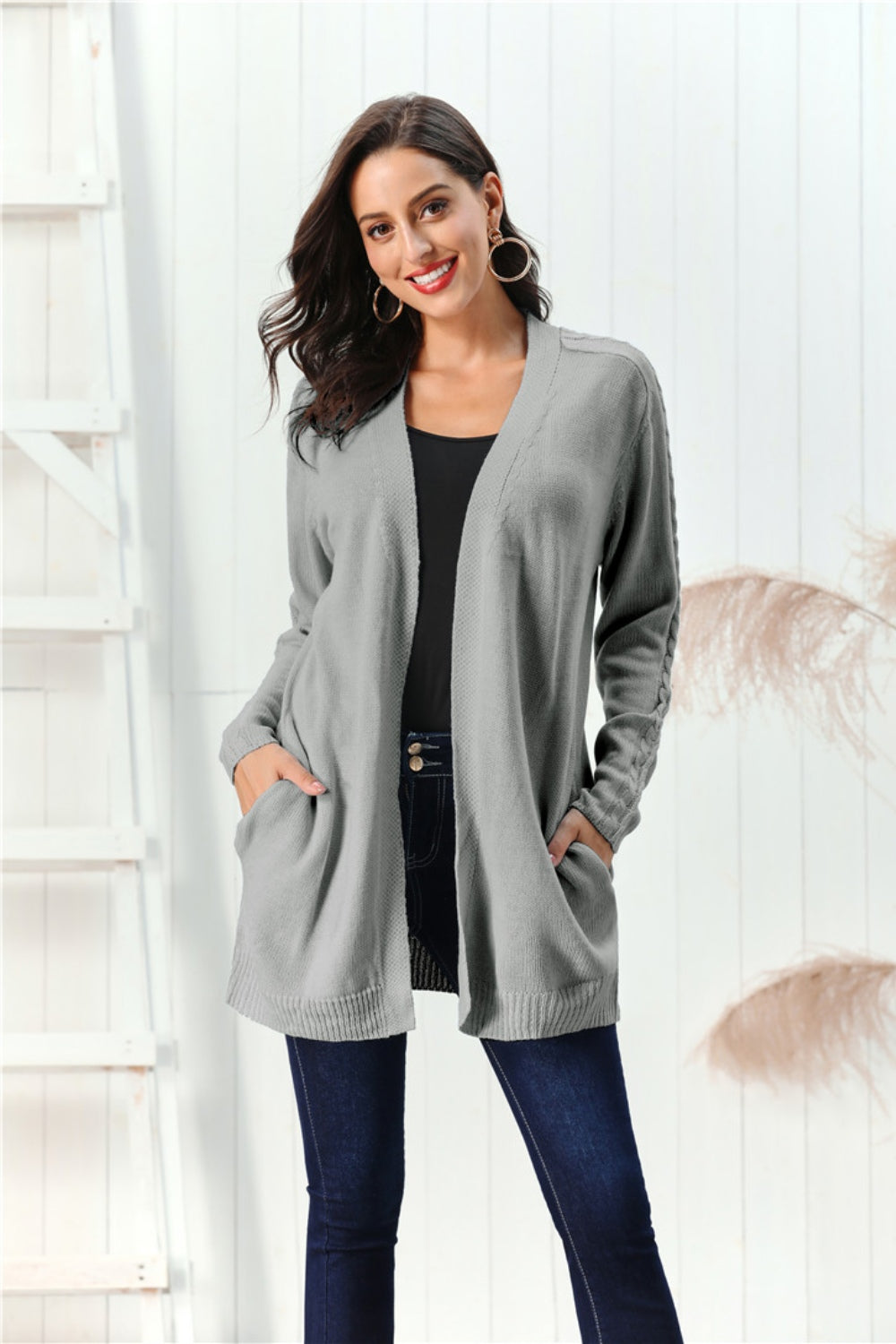 Cable-Knit Open Front Long Sleeve Cardigan – Charming Charlie