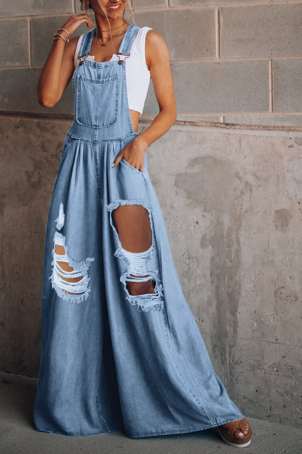 Frayed Checkered Denim Wide Leg Overalls