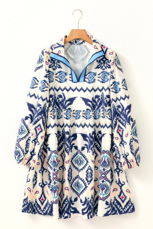 ethnic mini dress Blue Ethnic Print Striped Split Neck Mini Dress