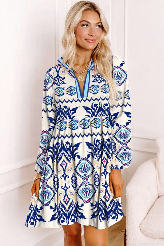 ethnic mini dress Blue Ethnic Print Striped Split Neck Mini Dress Blue / L