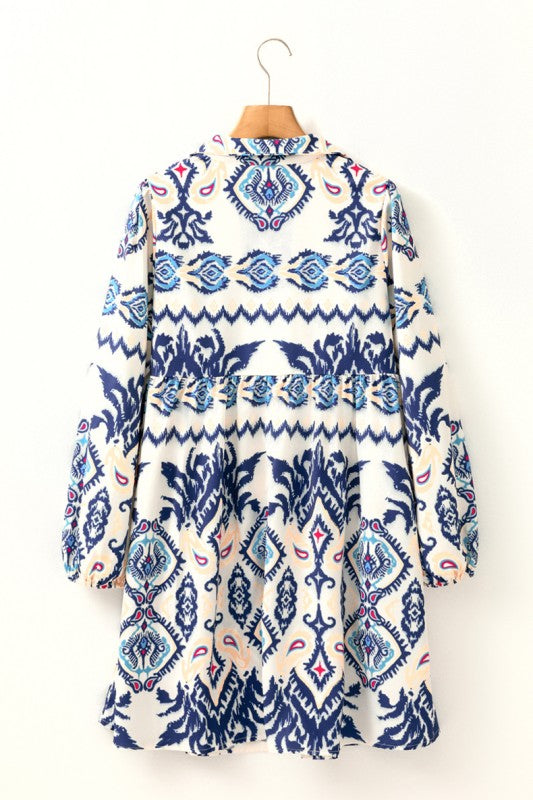ethnic mini dress Blue Ethnic Print Striped Split Neck Mini Dress Blue / L