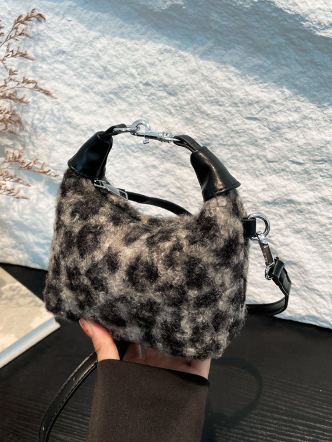 Fuzzy Polyester Mini Handbag with Zipper - Charming Charlie