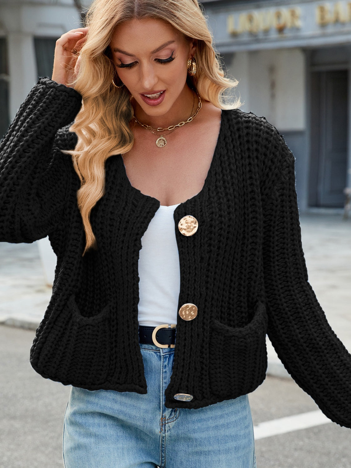 Round Neck Button Up Cardigan with Pockets – Charming Charlie