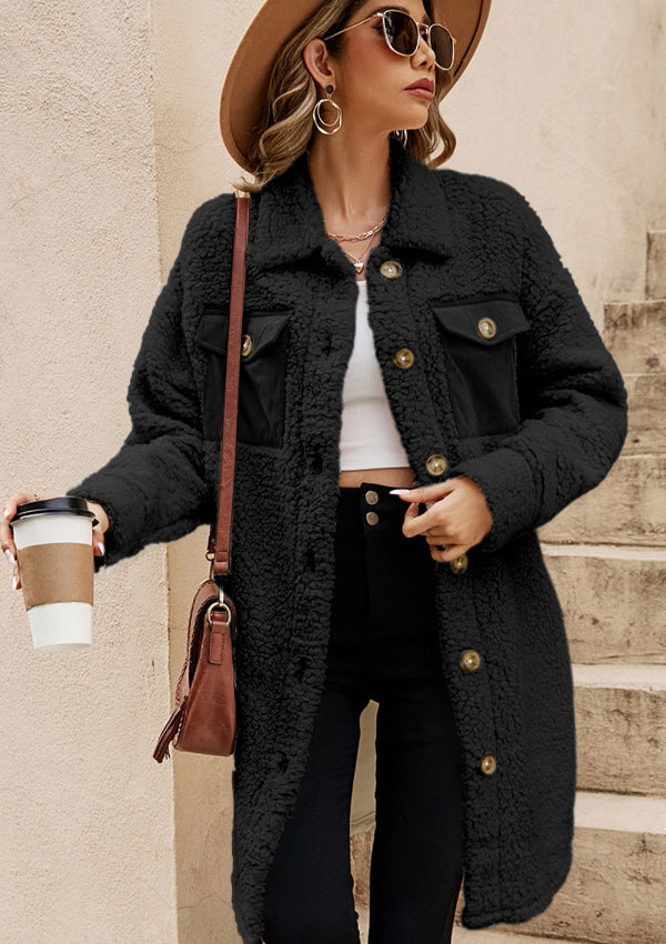 Collared Neck Long Sleeve Longline Teddy Jacket - Charming Charlie