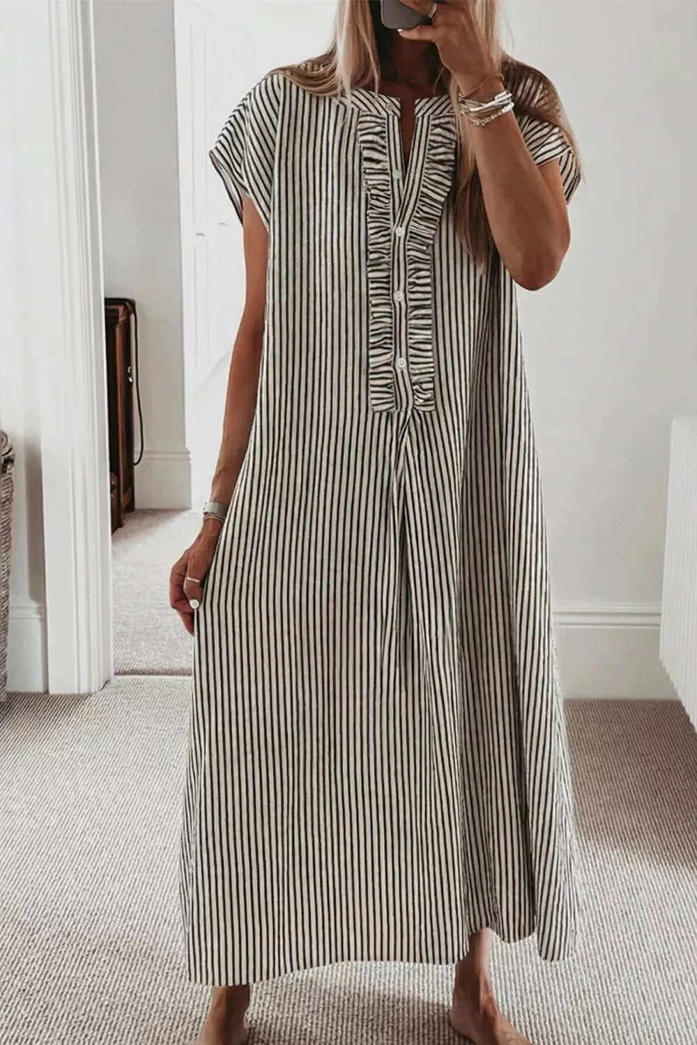 striped ruffle maxi dress Button Front Stripe / M 100% polyester Care instructions Color:Fairytale Toile Women: View All Casual Modern Formal Dress