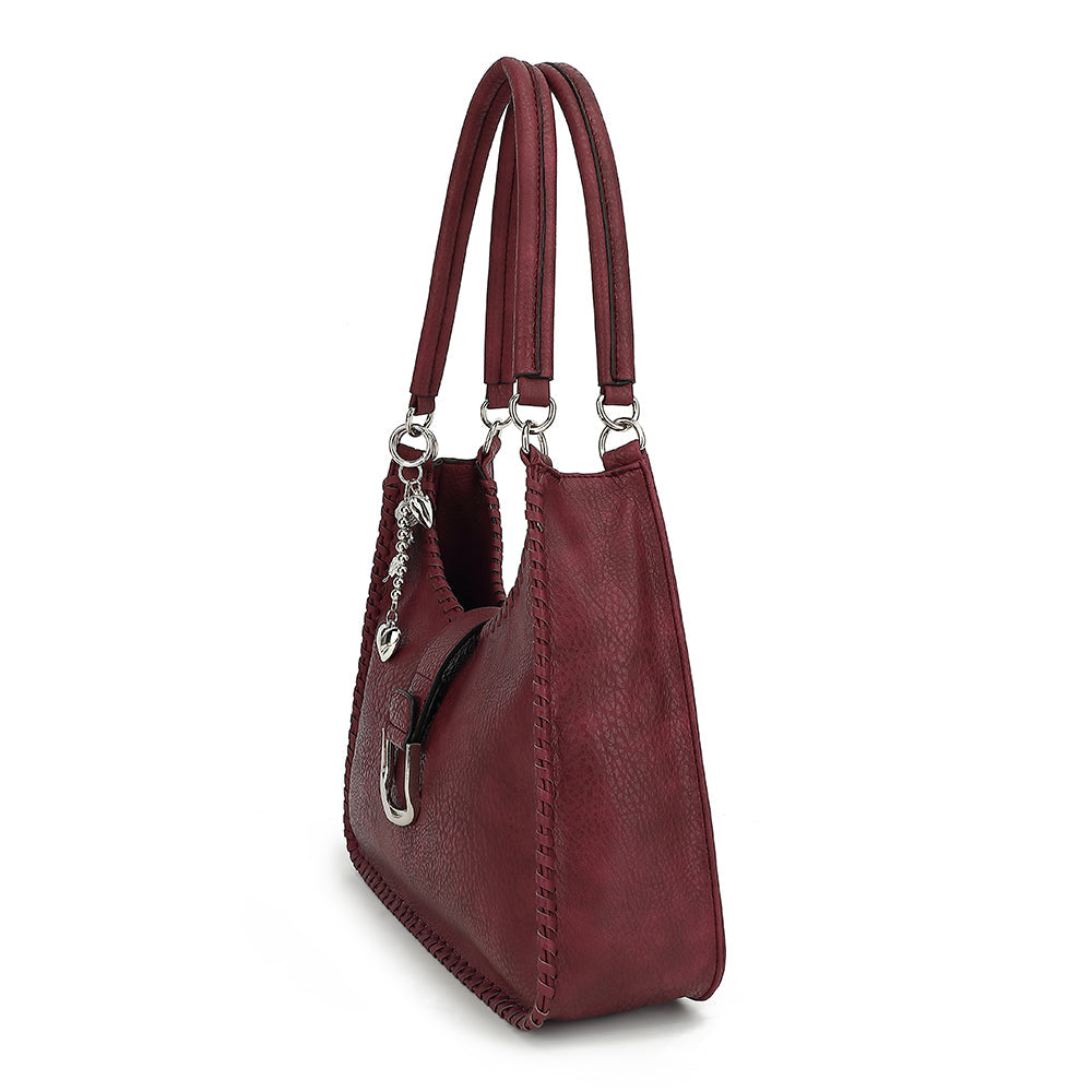 Double Handle Satchel with Whipstitch Detail and Charm - Charming Charlie