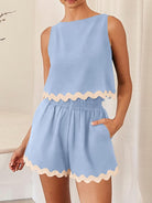 Contrast Trim Round Neck Top and Shorts Set - Charming Charlie