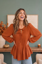 Sipping Apple Cider Tie Neck Blouse - Charming Charlie
