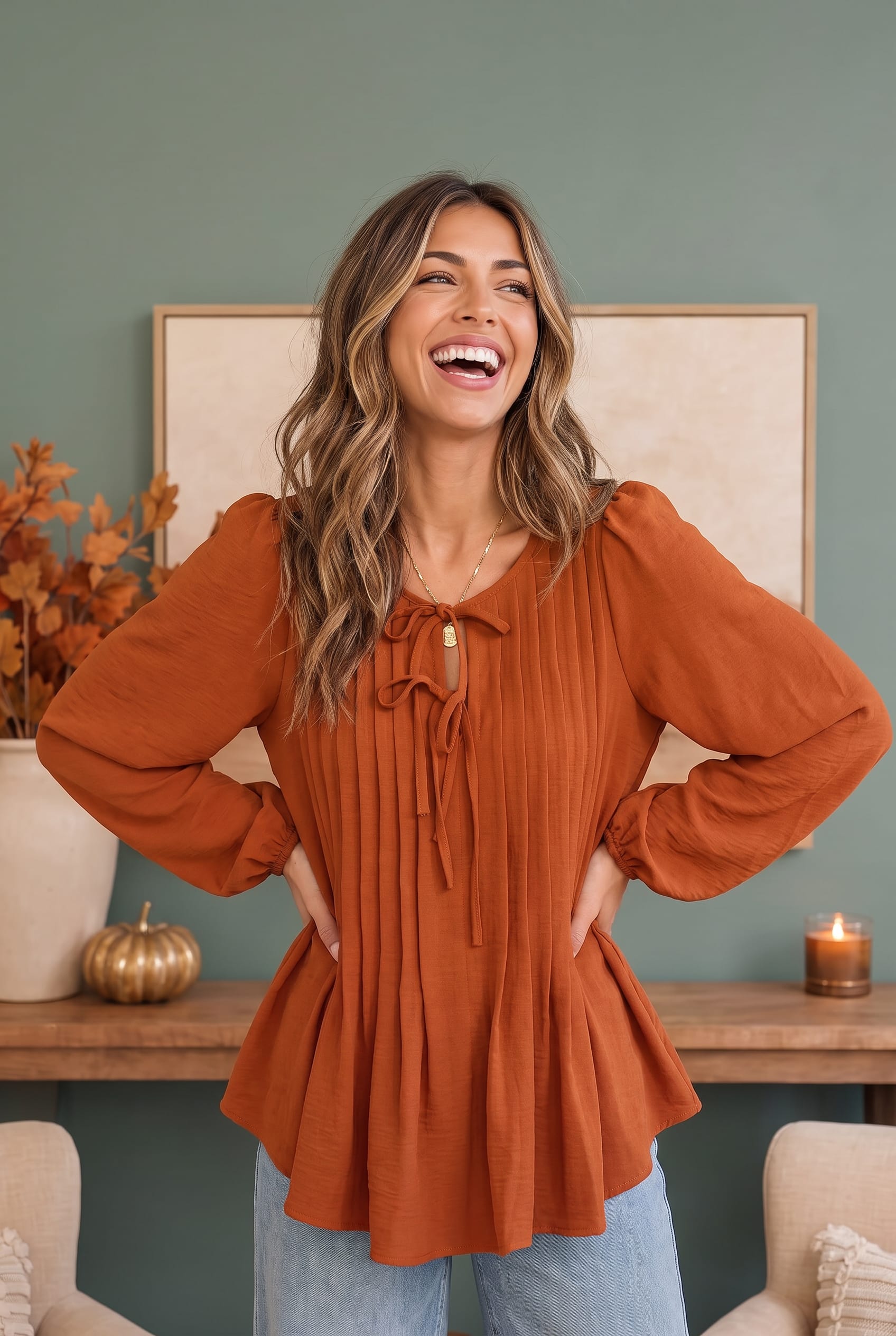 Sipping Apple Cider Tie Neck Blouse - Charming Charlie