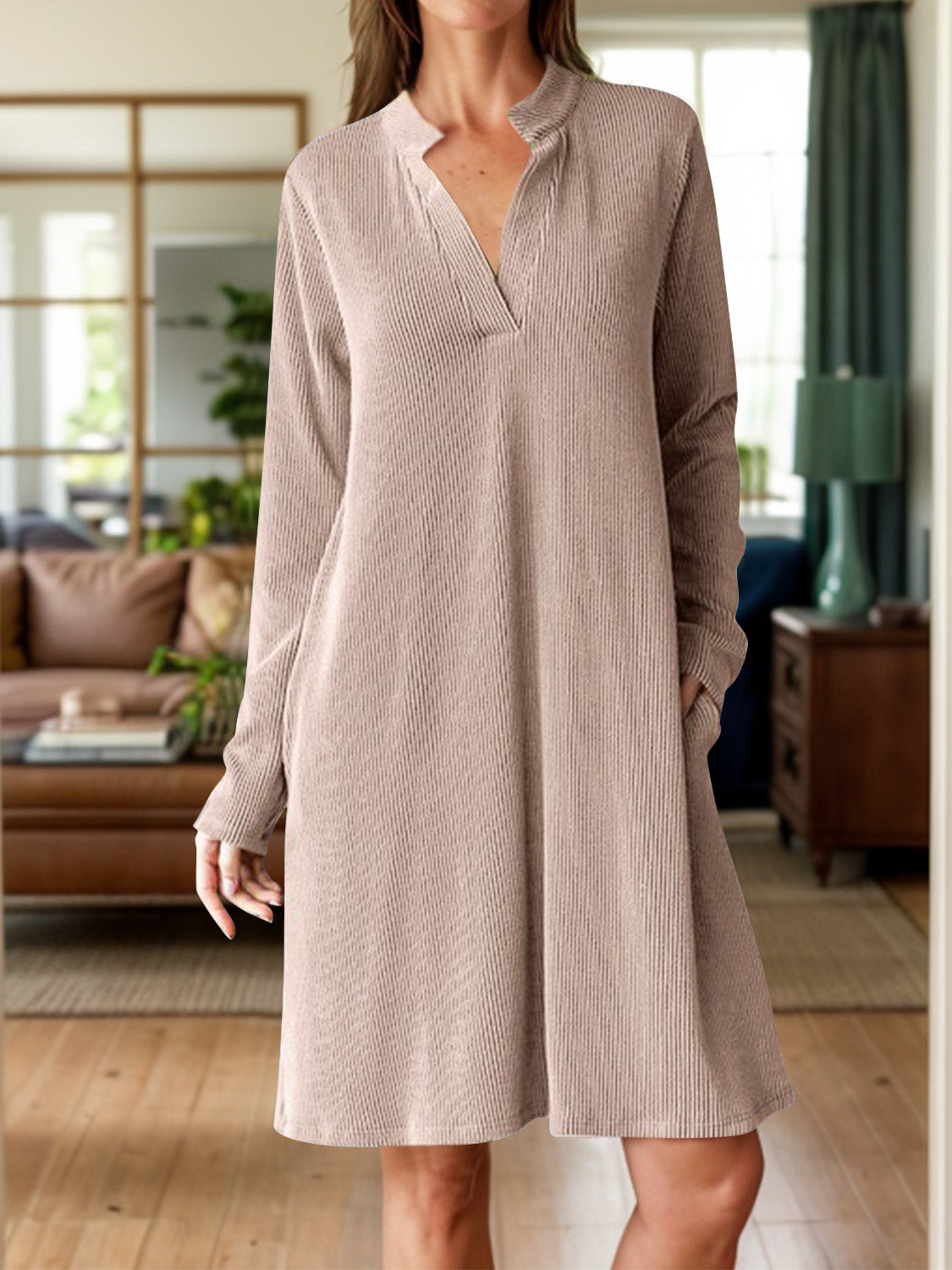 Notched Long Sleeve Mini Dress with Pockets - Charming Charlie