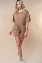 White Birch Full Size Short Sleeve Drawstring Romper - Charming Charlie