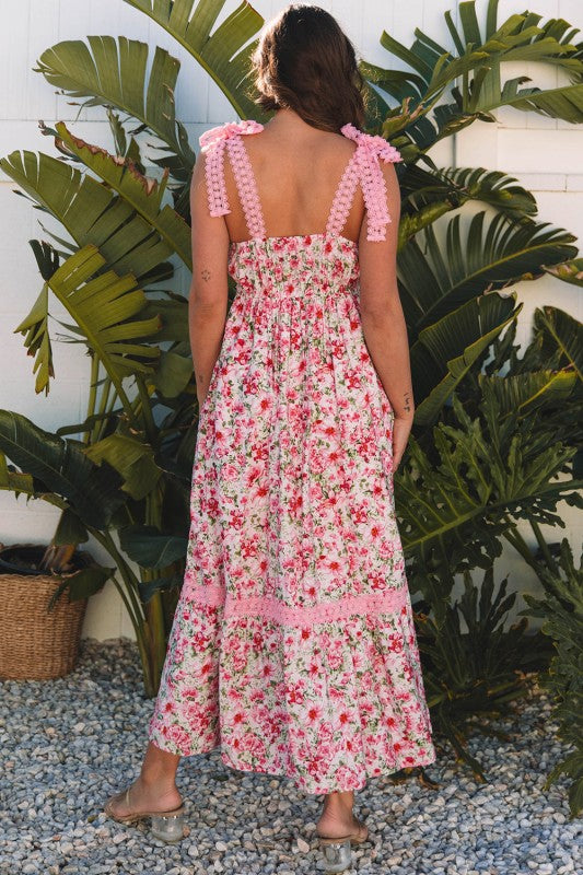 chinese dress ladies Floral Lace Tied-Strap Empire Waist Maxi Dress Green / S