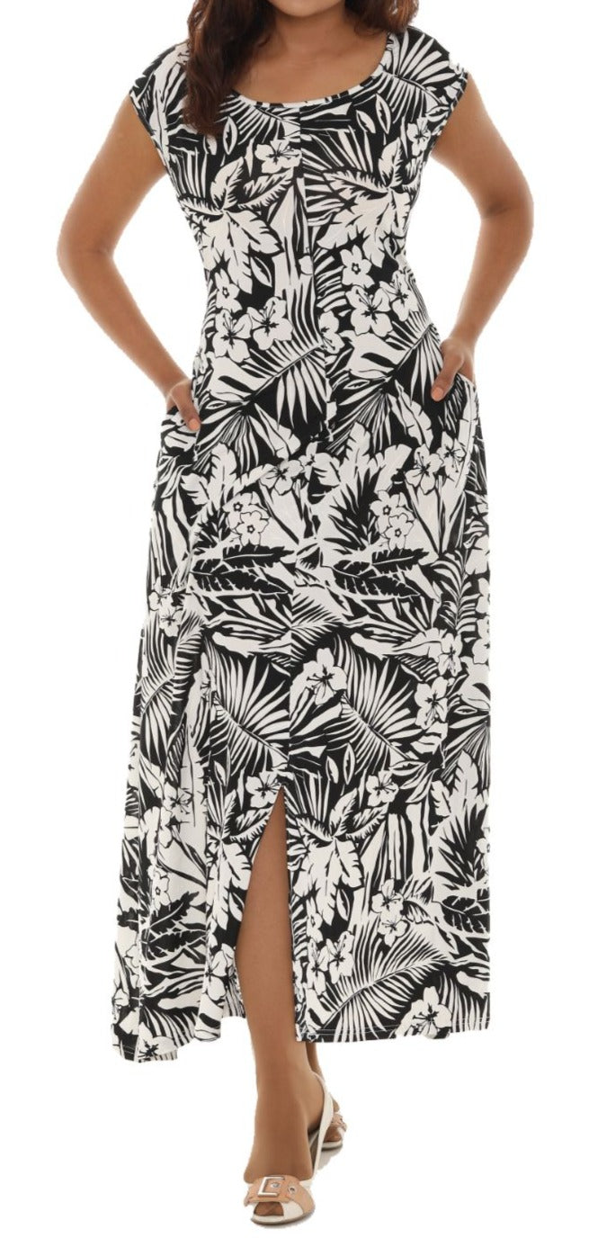 Tropical Leaf Print Cap Sleeve Maxi Dress