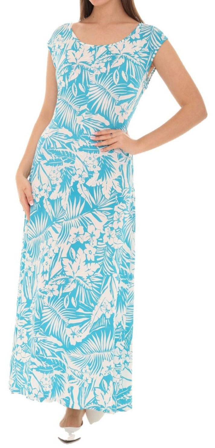 Tropical Leaf Print Cap Sleeve Maxi Dress