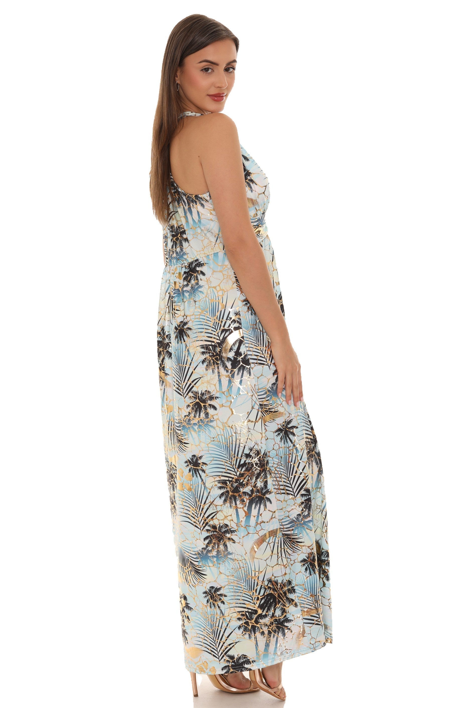 Palm Leaf Gold Foil Print Halter Maxi Dress S/M / Blue Palm Leaf Gold Foil Print Halter Maxi Dress S/M / Blue