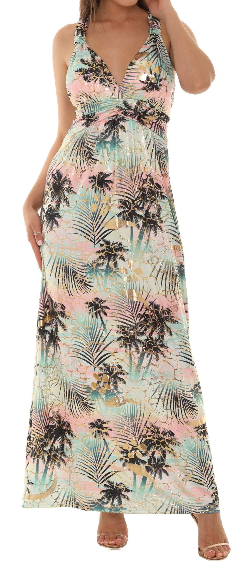 Palm Leaf Gold Foil Print Halter Maxi Dress