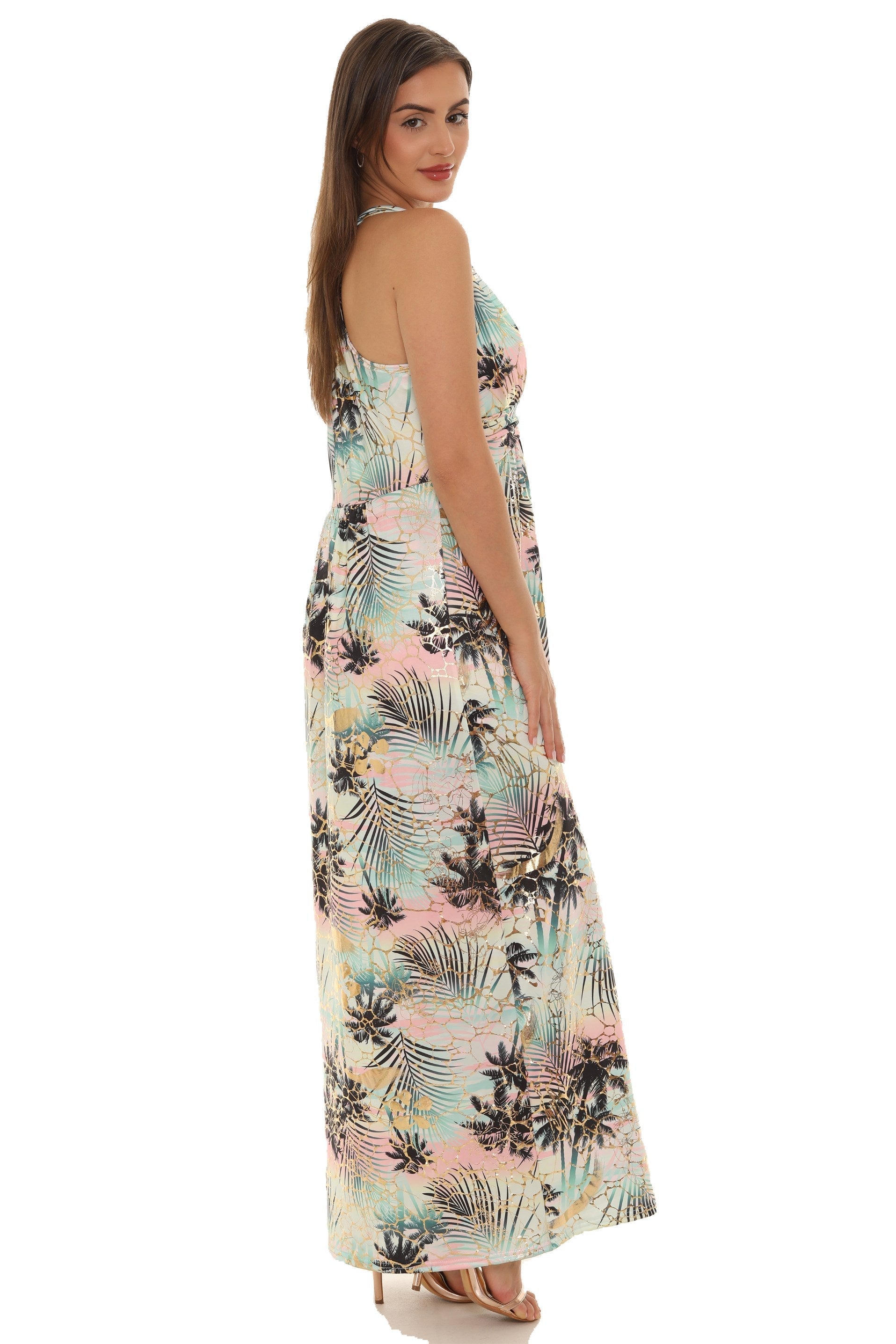 Palm Leaf Gold Foil Print Halter Maxi Dress S/M / Blue Palm Leaf Gold Foil Print Halter Maxi Dress S/M / Blue