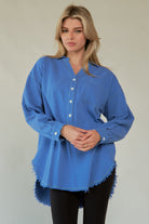 Davi & Dani Letter Back Raw Hem Half Button Shirt - Charming Charlie