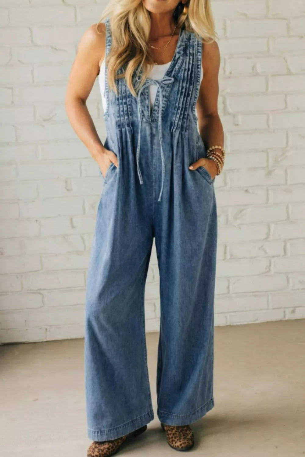 Acid Wash Pintuck Tie V Neck Denim Wide Leg Jumpsuit – Charming