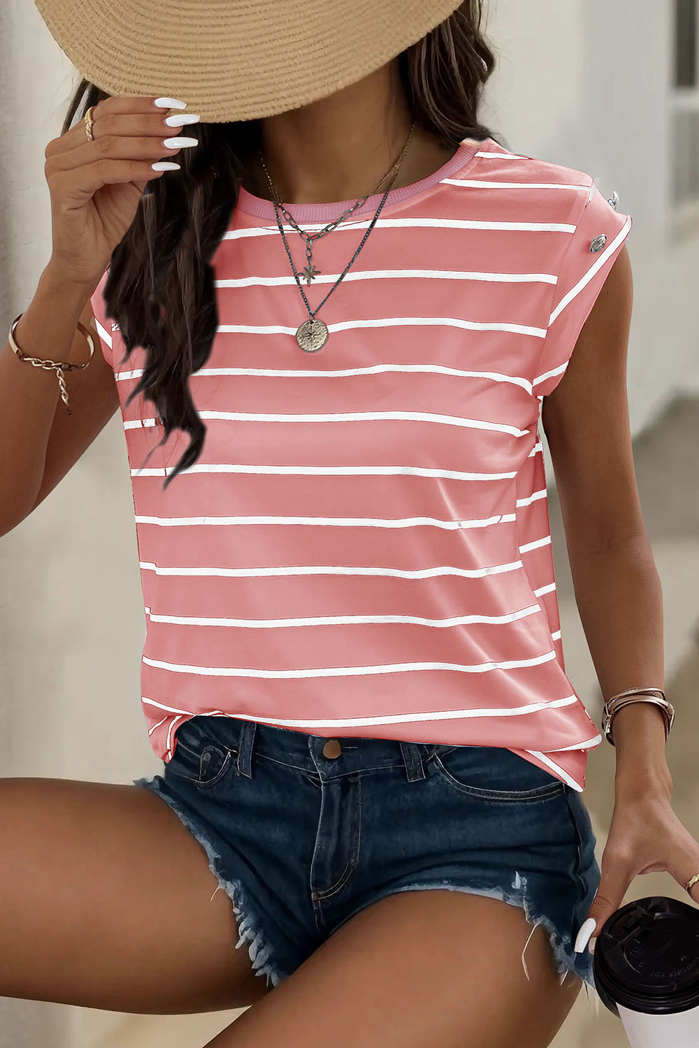 Decorative Button Round Neck T-Shirt - Charming Charlie