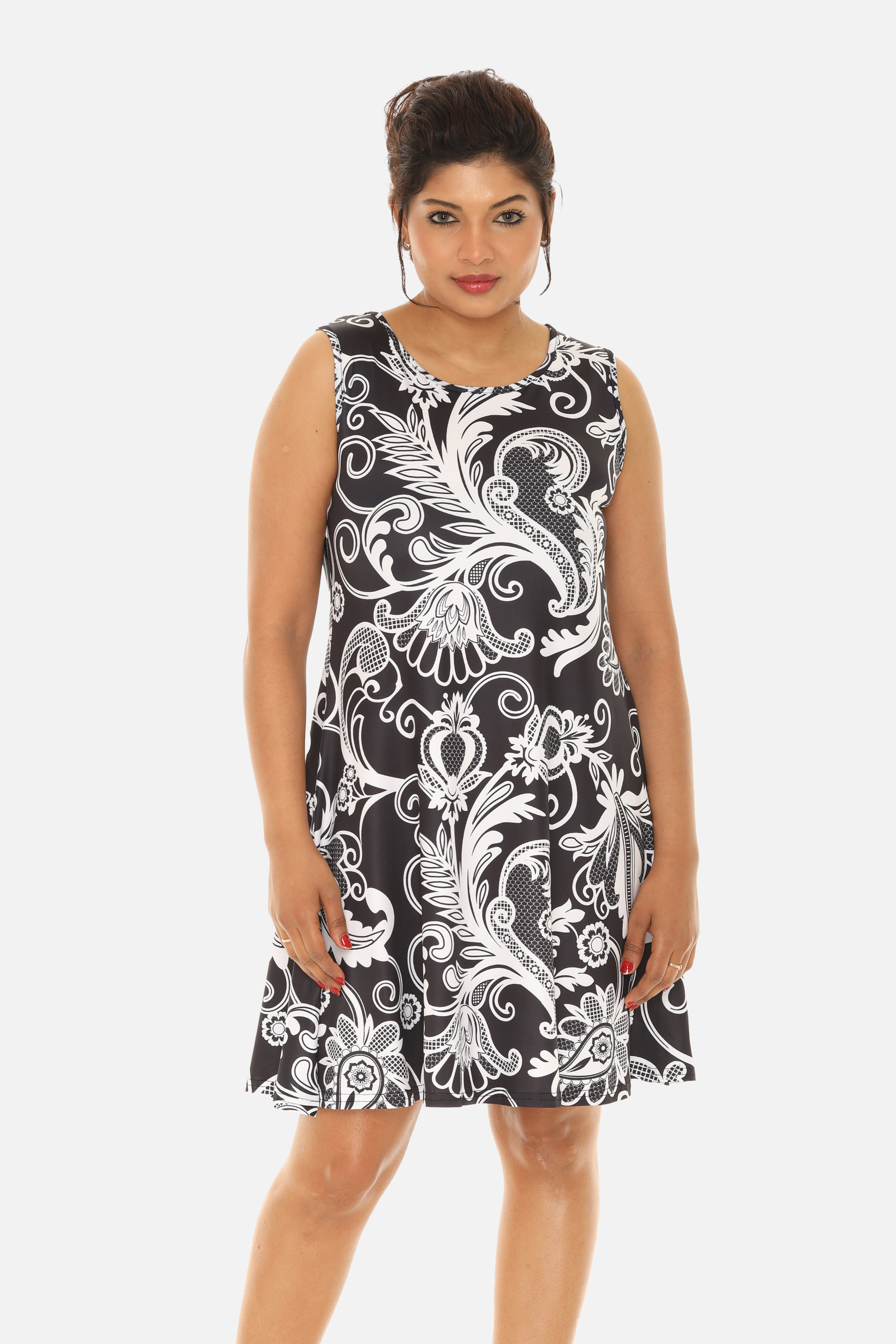 Black and White Floral Print Midi Women's Dress