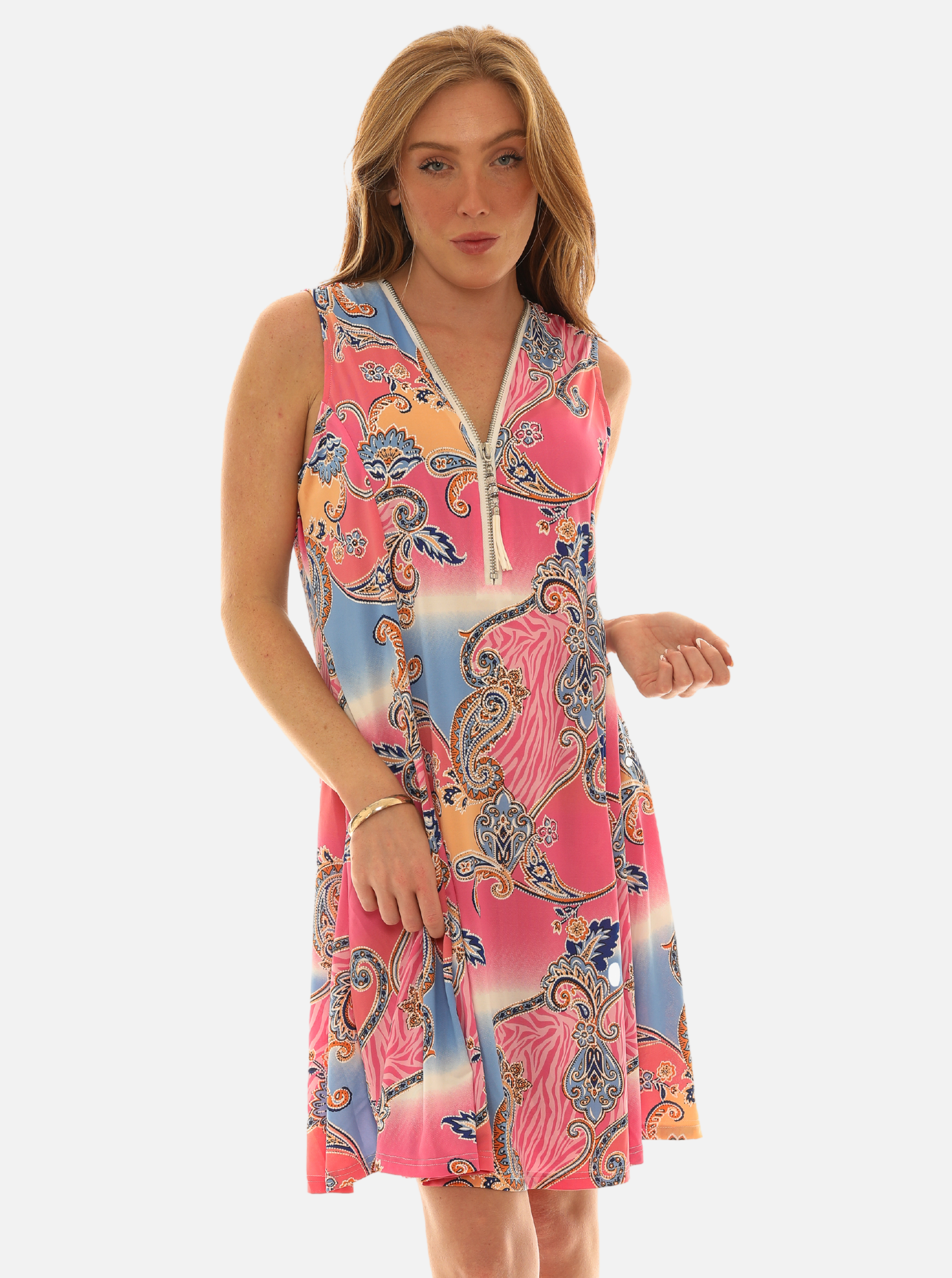 Printed Sleeveless Paisley Dress with Embellished V-Neck
