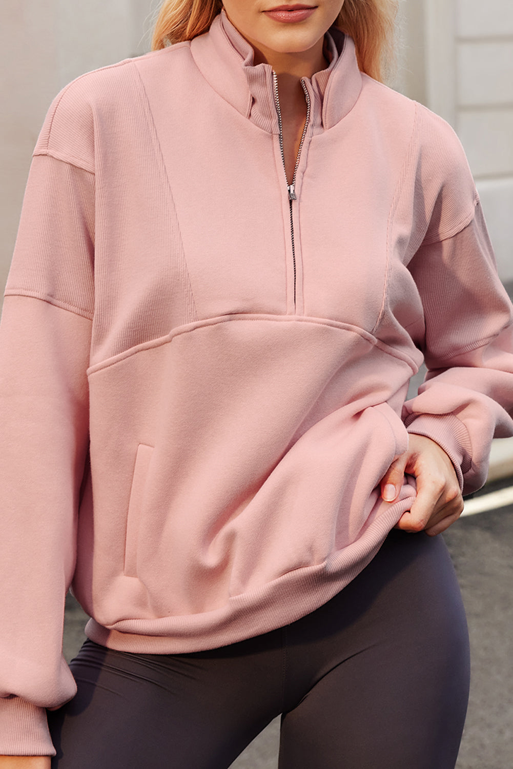 Half Zip Drop Shoulder Long Sleeve Sweatshirt - Charming Charlie