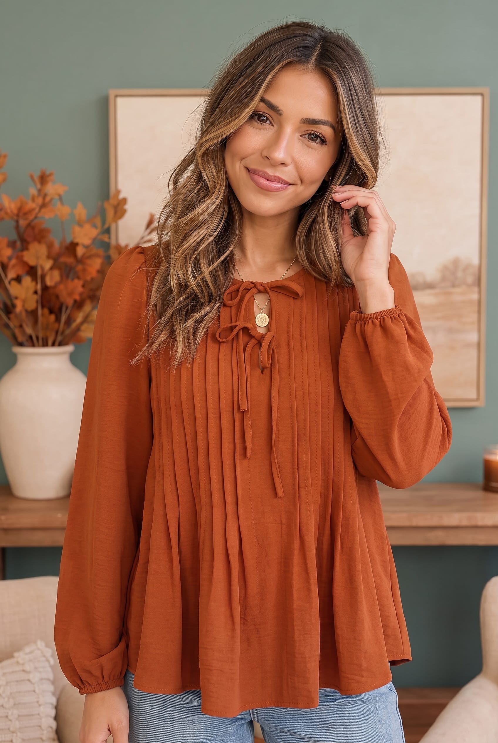Sipping Apple Cider Tie Neck Blouse - Charming Charlie