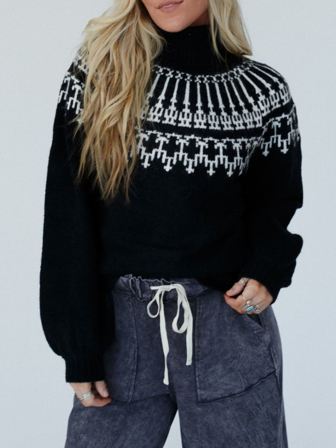 Contrast Turtleneck Long Sleeve Sweater - Charming Charlie