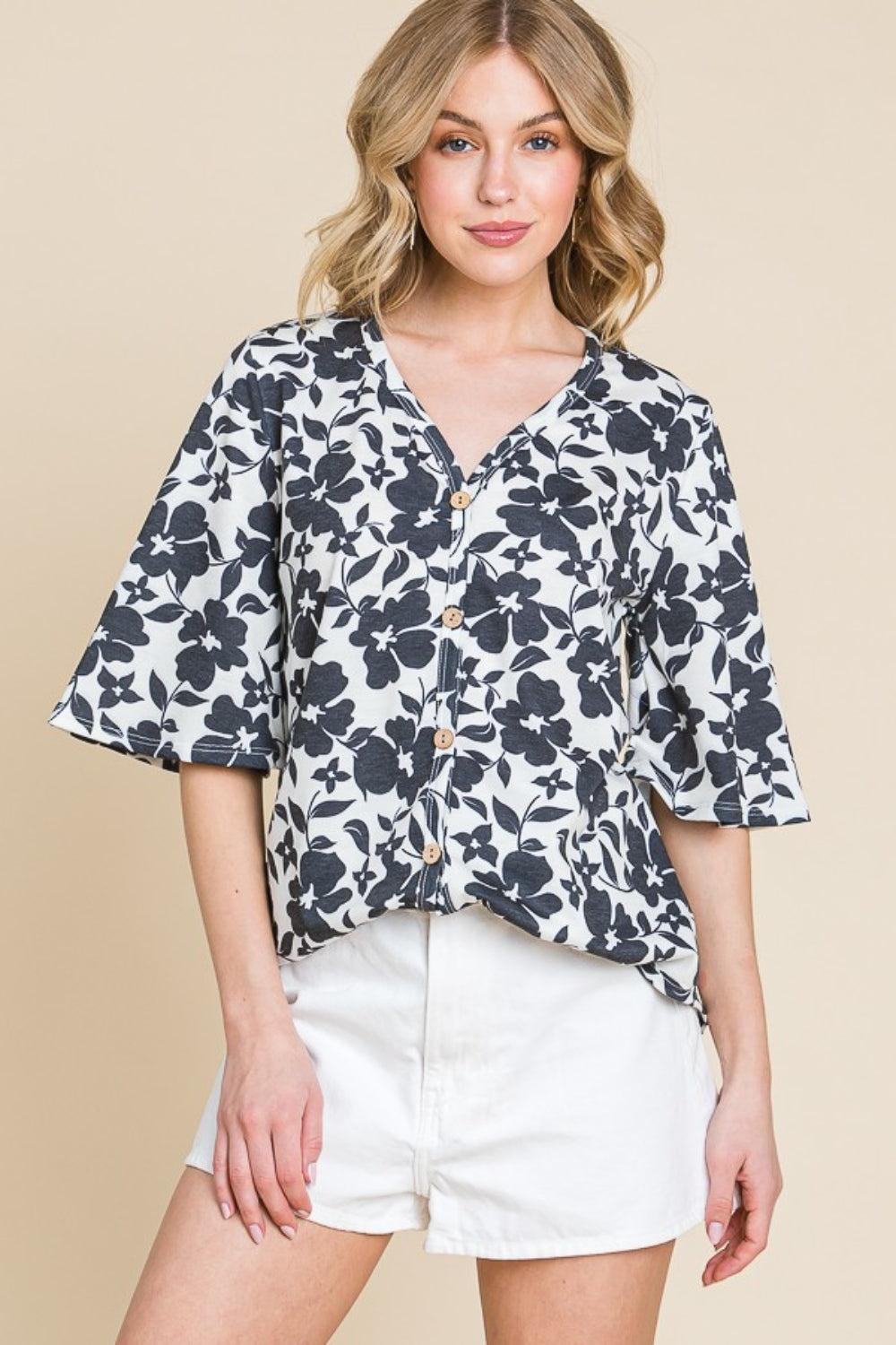 BOMBOM Floral Decorative Button V-Neck Top - Charming Charlie