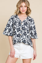 BOMBOM Floral Decorative Button V-Neck Top - Charming Charlie