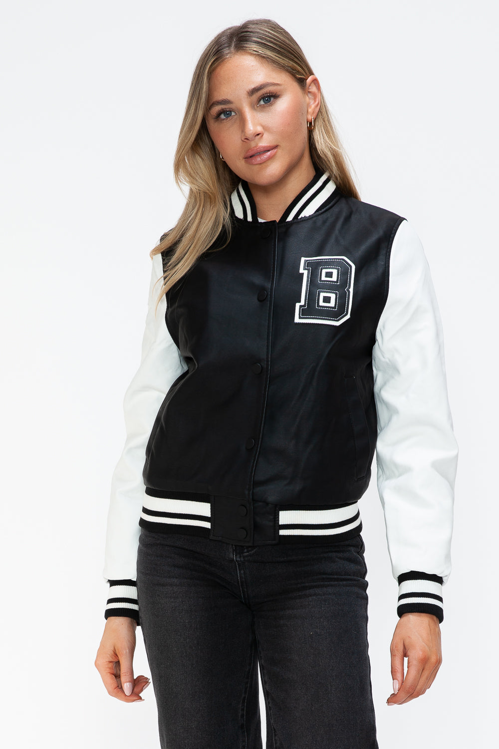 Love Me Now PU Leather Contrast Snap Down Bomber Jacket - Charming Charlie