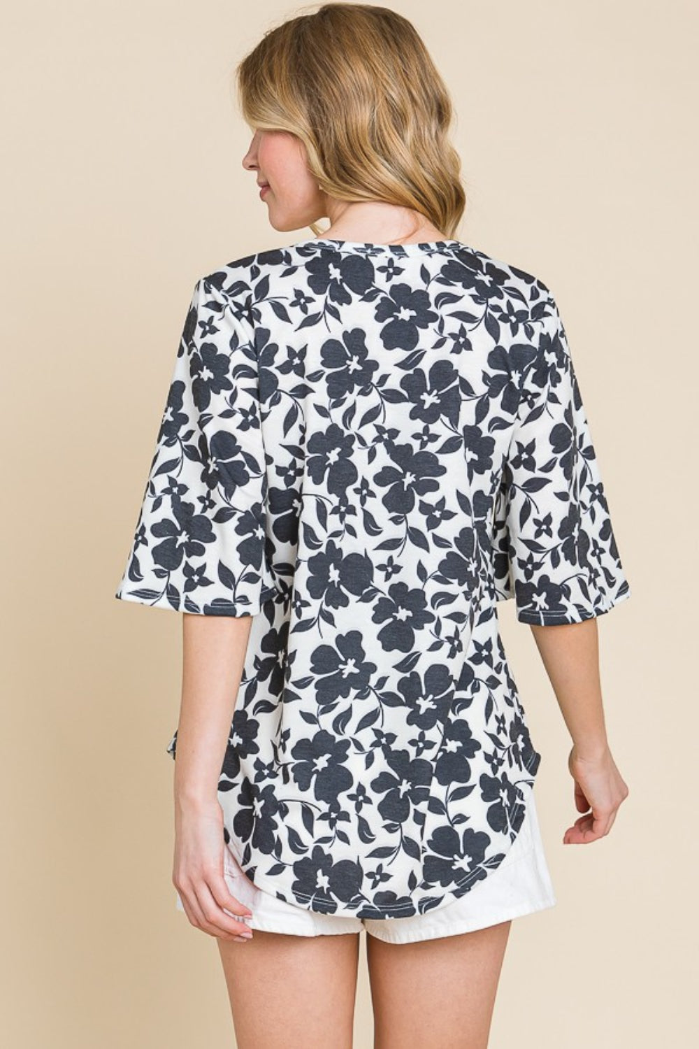 BOMBOM Floral Decorative Button V-Neck Top - Charming Charlie