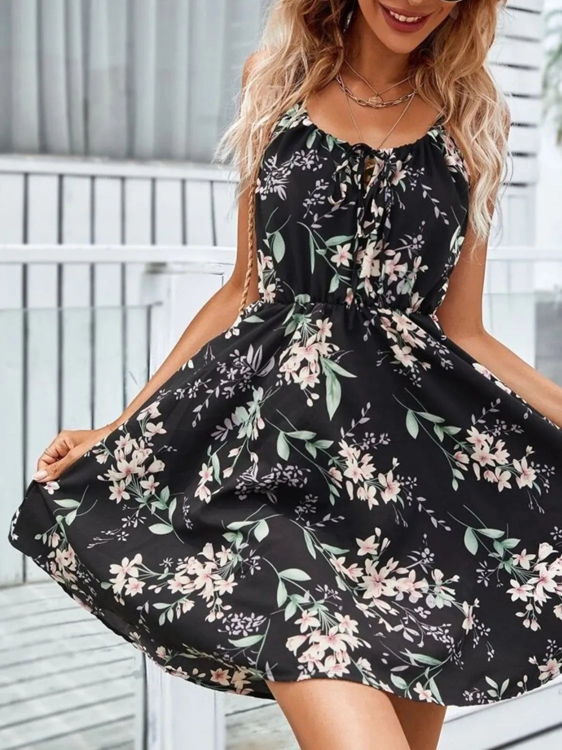 Floral Print Spaghetti Strap Summer Mini Dress Dark Blue / M Floral Print Spaghetti Strap Summer Mini Dress Dark Blue / M