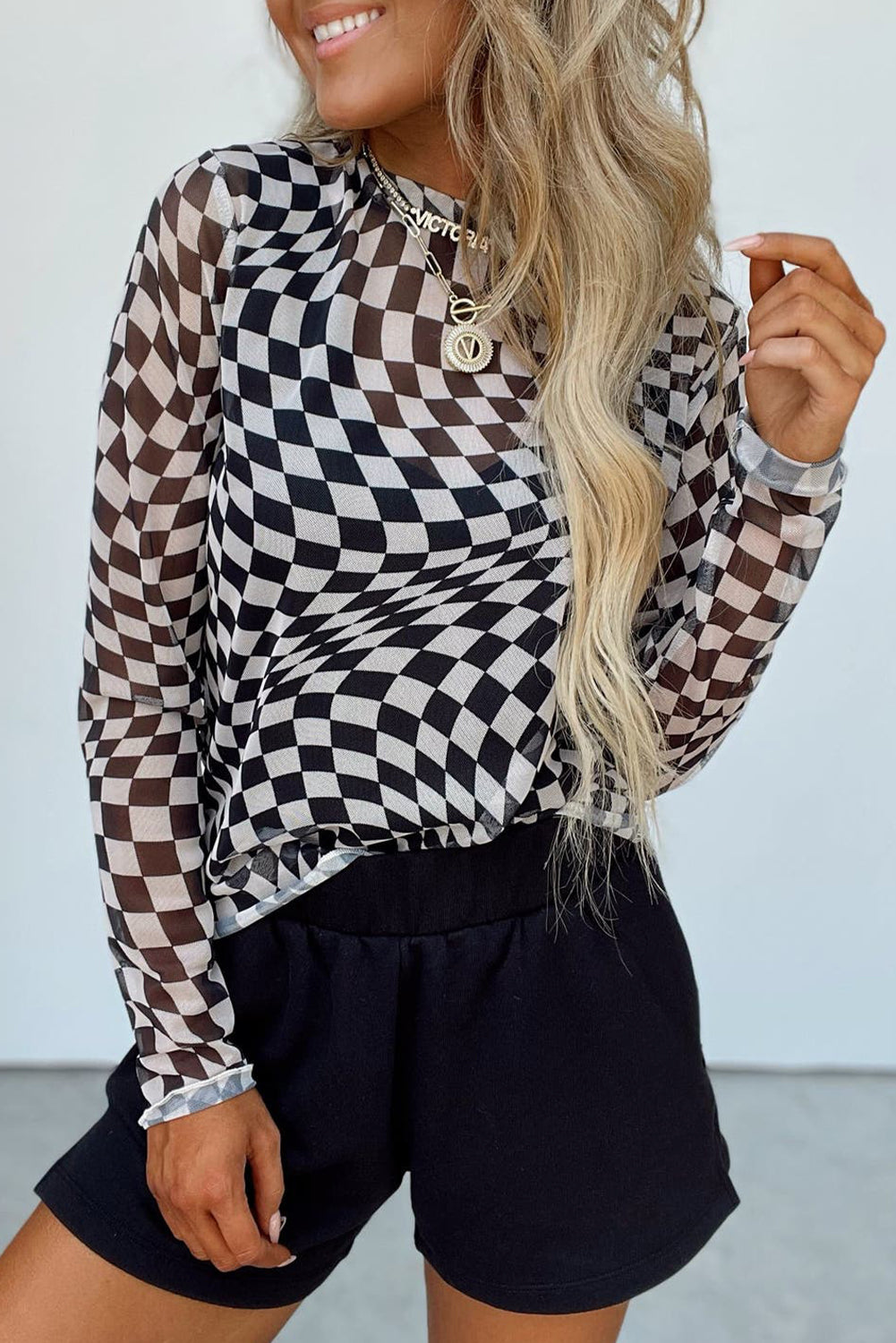Checkered Mock Neck Long Sleeve Blouse - Charming Charlie