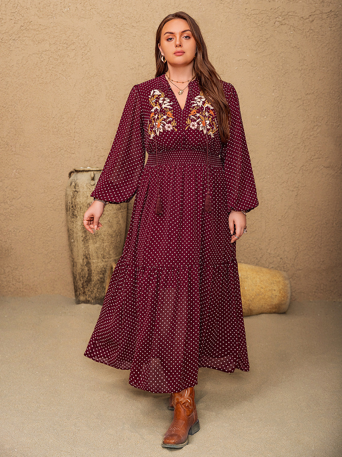 Plus Size Embroidered Polka Dot Tie Neck Long Sleeve Midi Dress Burgundy / 3XL Plus Size Embroidered Polka Dot Tie Neck Long Sleeve Midi Dress Burgundy / 3XL