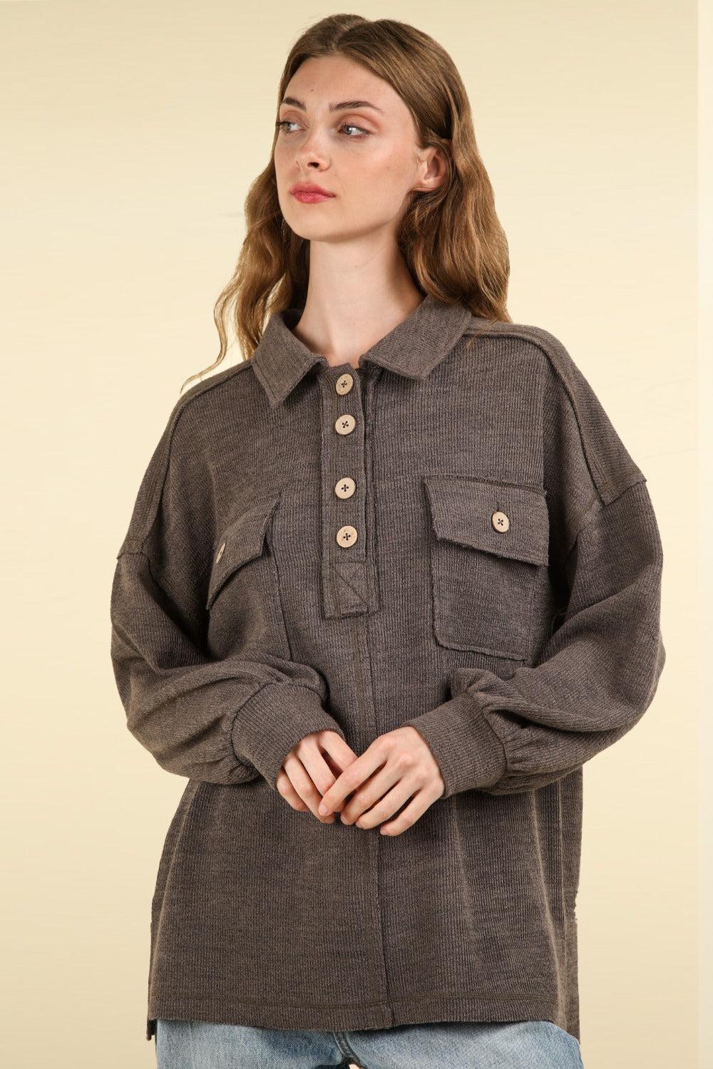 VERY J Collared Half Button Knit Top with Pockets - Charming Charlie