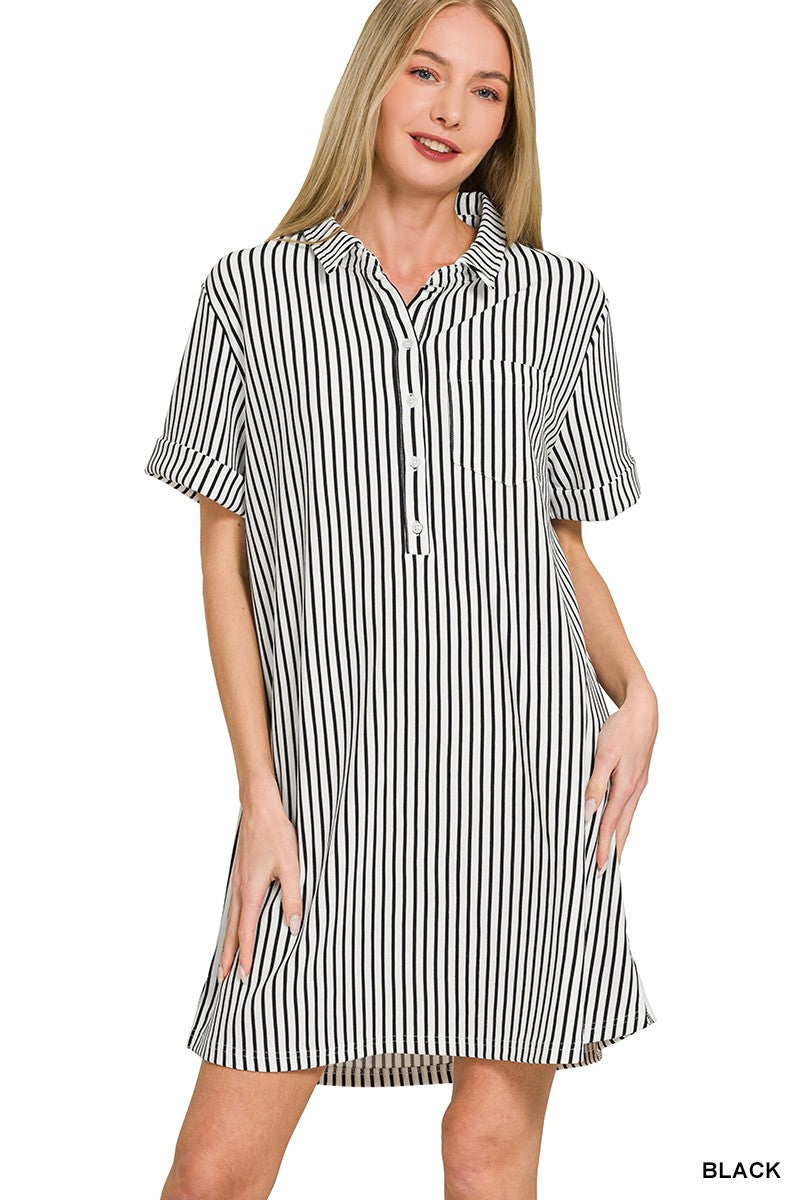 Zenana Stripe Collared Half Button Up T-Shirts Dress Black / S